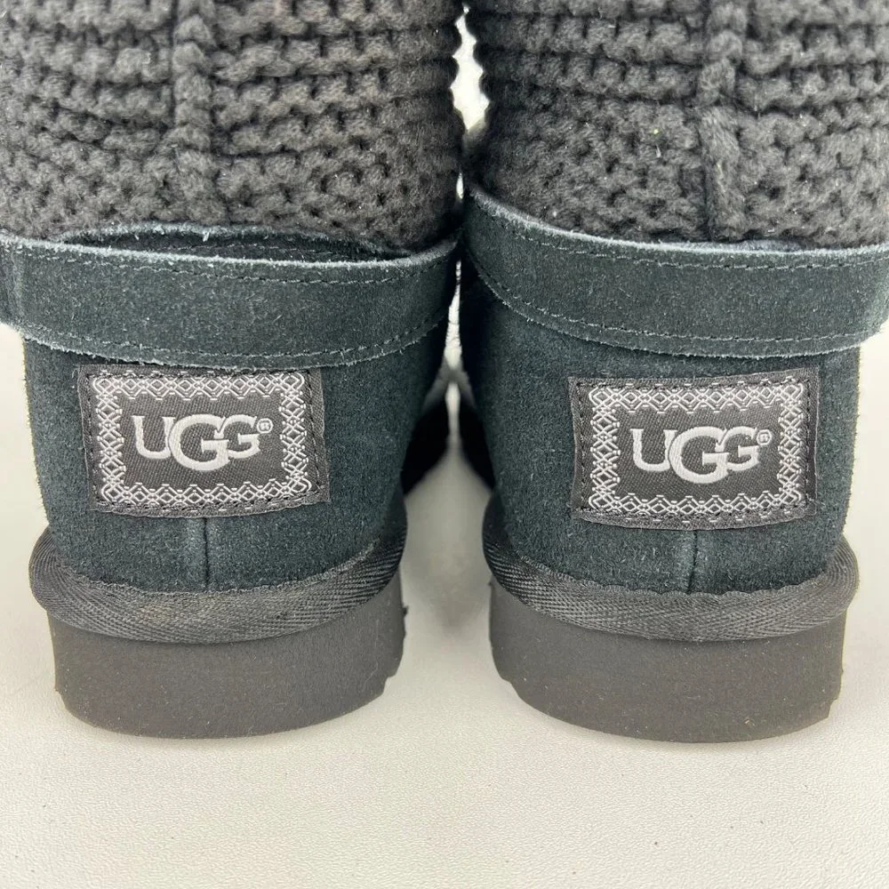UGG Womens Purl Strap Boot 1098080 Black Suede Knit Cuff Wool Lined size 6